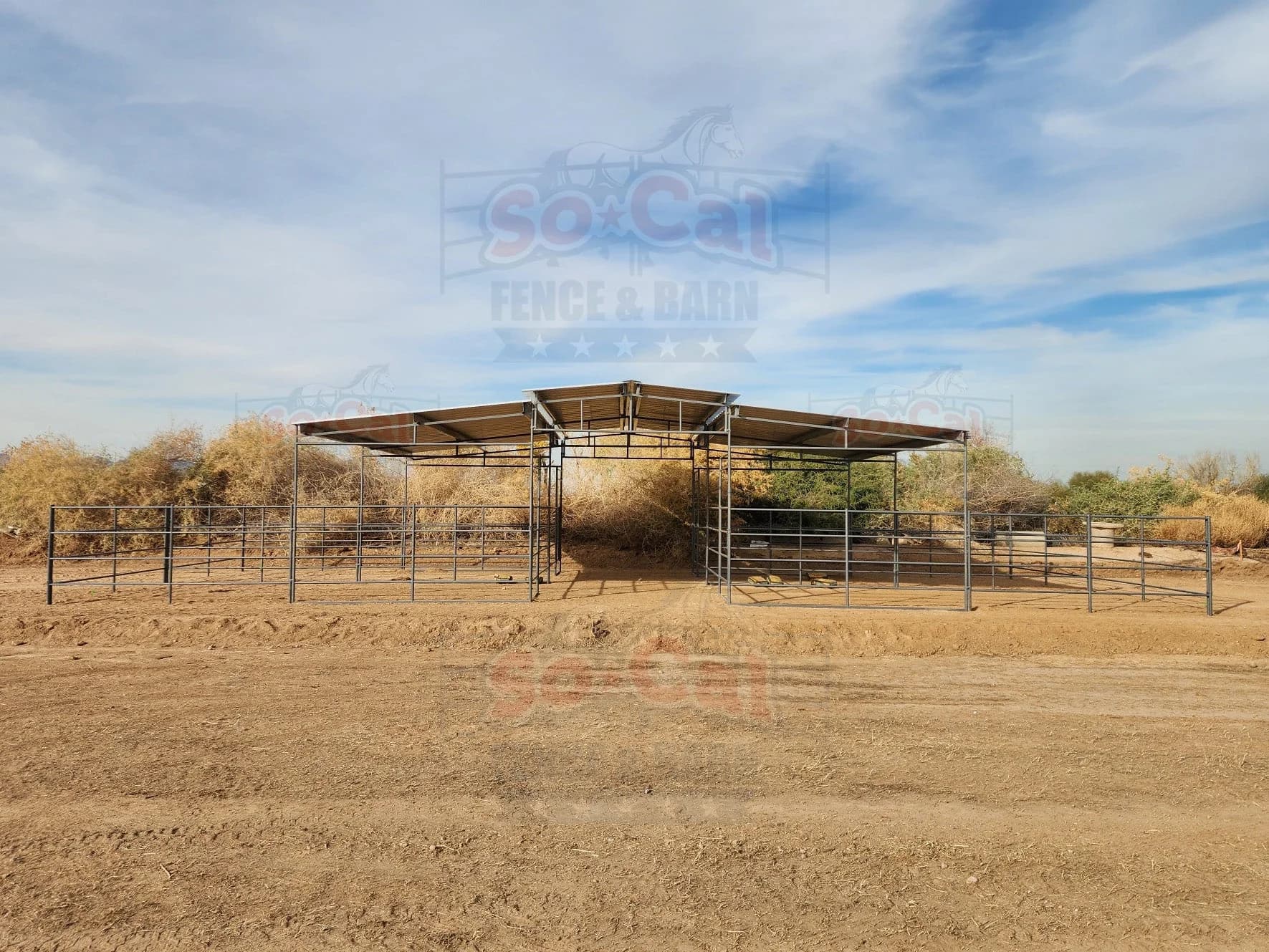 Mare Motel with (4) 24×24 Stalls with 12×24 Covers and 12 ft Breezeway 4-Rail, view 2