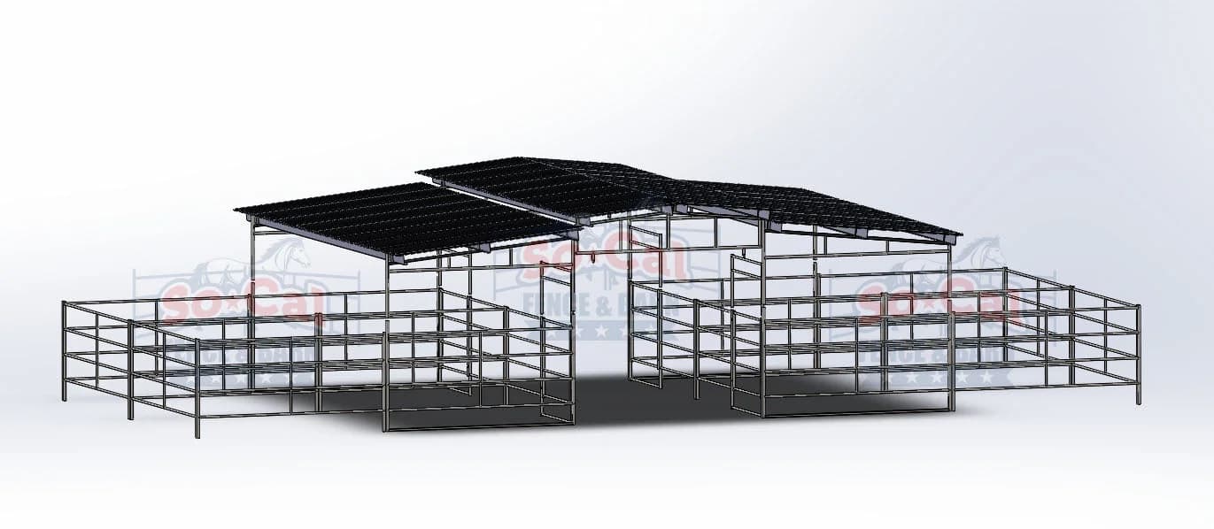 Mare Motel with (4) 24×24 Stalls with 12×24 Covers and 12 ft Breezeway 4-Rail, view 3