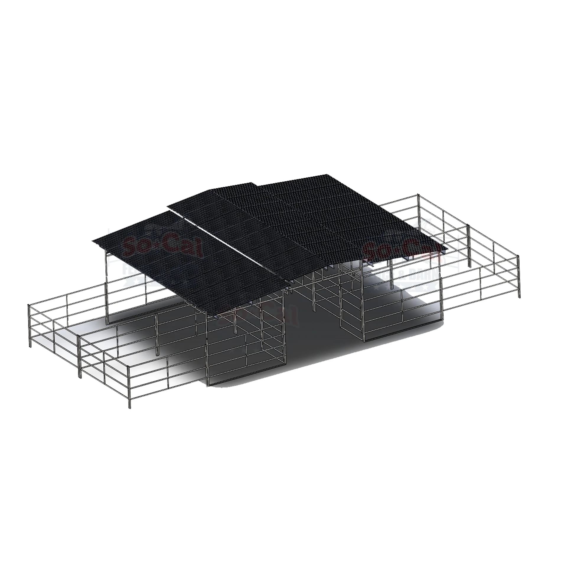 Mare Motel with (4) 24×24 Stalls with 12×24 Covers and 12 ft Breezeway 4-Rail