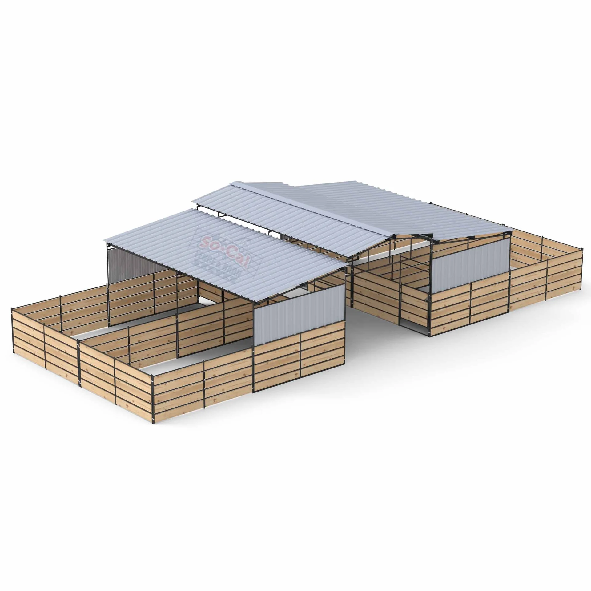 Mare Motel with 12×24 Stalls | PBR Siding + Wood Panel Clamps | 5-Rail — 60x24 Mare Motel Kit with (4) 12x24 Stalls and